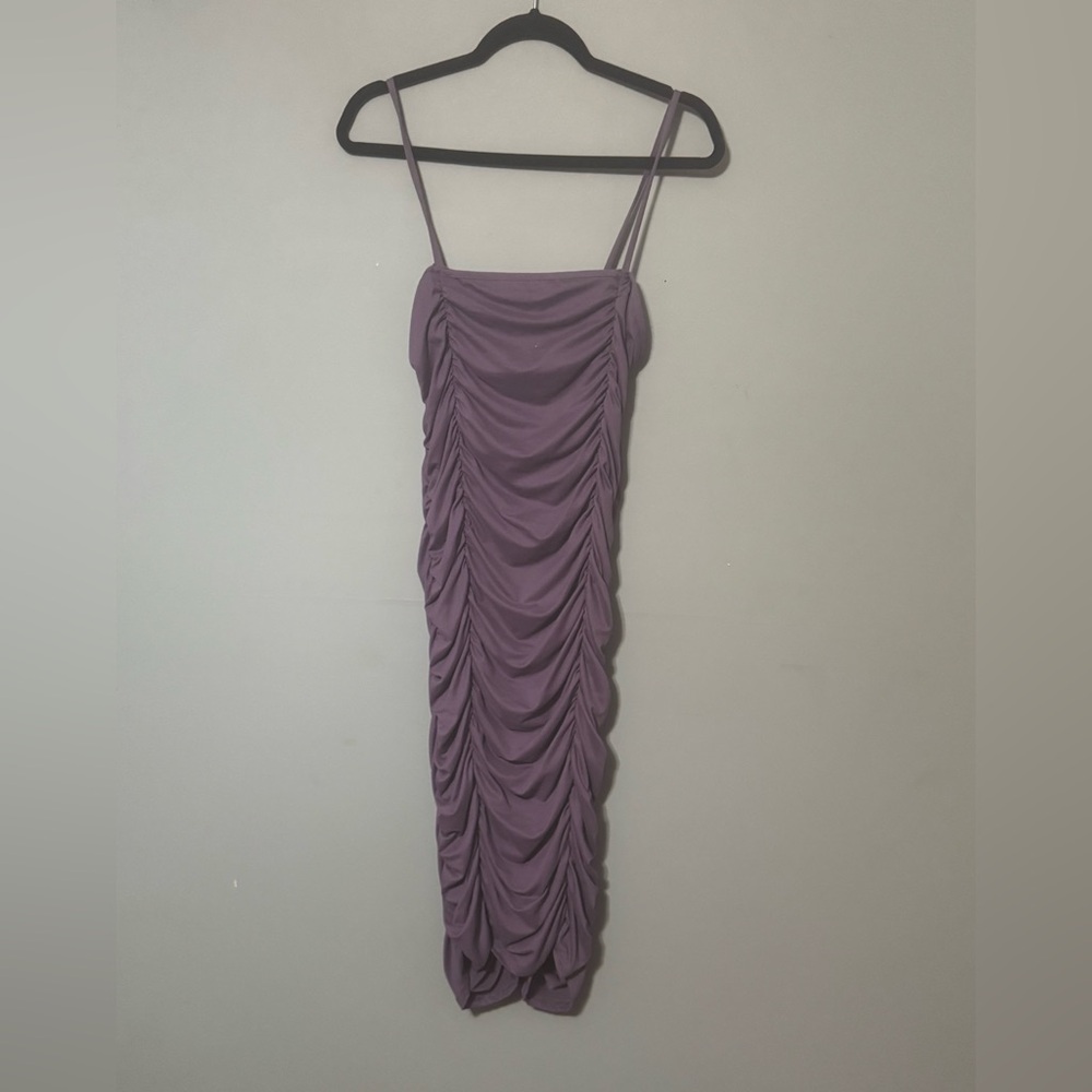 Purple Ruched Spaghetti Strap Bodycon Midi Dress